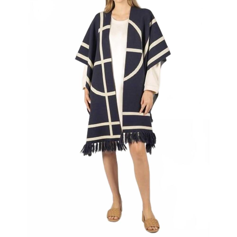 NEW BEFORE YOU COLLECTION fringed geometric pattern shawl in navy/ivory